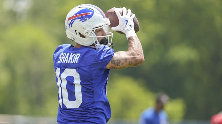 Jun 11, 2025; Orchard Park, NY, USA; Buffalo Bills wide receiver Khalil Shakir (10) makes a catch during Minicamp at Highmark Stadium. Mandatory Credit: Gregory Fisher-Imagn Images