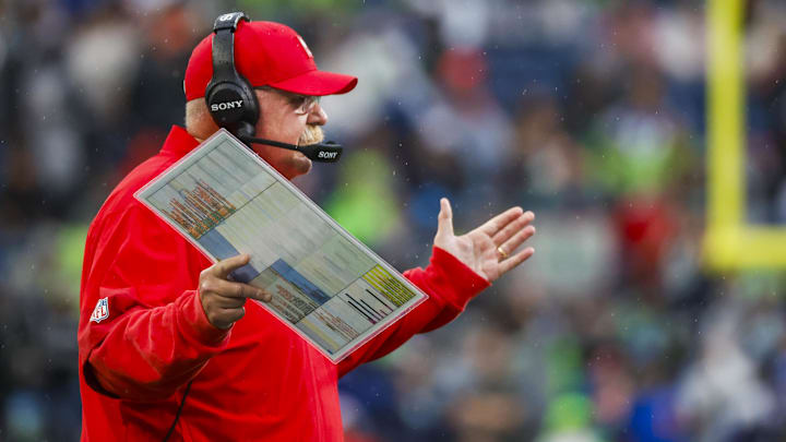 Aug 15, 2025; Seattle, Washington, USA; Kansas City Chiefs head coach Andy Reid reacts to a fourth down stop by the Seattle Seahawks during the first quarter at Lumen Field. Mandatory Credit: Joe Nicholson-Imagn Images