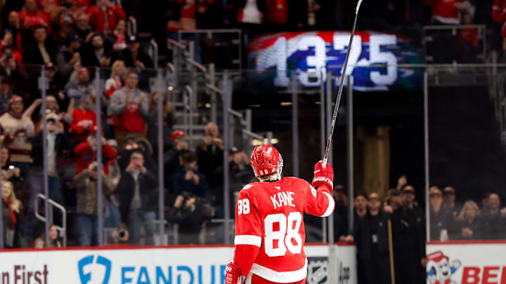 Jan 29, 2026; Detroit, Michigan, USA;  Detroit Red Wings right wing Patrick Kane (88) celebrates after he gets his 1375 point in the second period against the Washington Capitals at Little Caesars Arena. 
