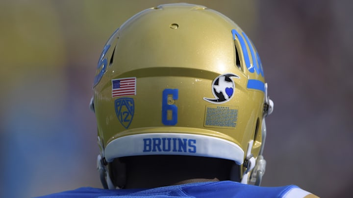Sep 3, 2017; Pasadena, CA, USA; UCLA Bruins defensive back Adarius Pickett (6) wears Hurricane Harvey sticker on helmet during a NCAA football game against the Texas A&M Aggies at Rose Bowl. The sticker features the state of Texas inside the symbol for a hurricane and a heart over where Houston is located on the state map. Mandatory Credit: Kirby Lee-Imagn Images Sep 3, 2017; Pasadena, CA, USA; UCLA Bruins defensive back Adarius Pickett (6) wears Hurricane Harvey sticker on helmet during a NCAA football game against the Texas A&M Aggies at Rose Bowl. The sticker features the state of Texas inside the symbol for a hurricane and a heart over where Houston is located on the state map. Mandatory Credit: Kirby Lee-Imagn Images