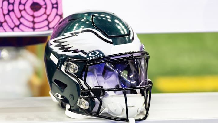 Feb 9, 2025; New Orleans, LA, USA; Detailed view of a Philadelphia Eagles helmet during Super Bowl LIX at Ceasars Superdome. Mandatory Credit: Mark J. Rebilas-Imagn Images