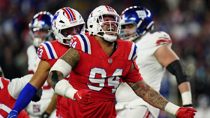 Dec 1, 2025; Foxborough, Massachusetts, USA; New England Patriots defensive tackle Cory Durden (94) celebrates after a play during the fourth quarter against the New York Giants at Gillette Stadium. Mandatory Credit: David Butler II-Imagn Images Dec 1, 2025; Foxborough, Massachusetts, USA; New England Patriots defensive tackle Cory Durden (94) celebrates after a play during the fourth quarter against the New York Giants at Gillette Stadium. Mandatory Credit: David Butler II-Imagn Images