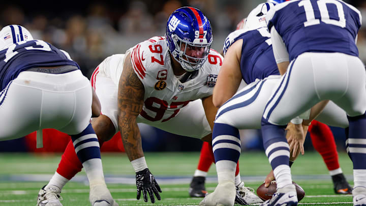 Nov 28, 2024; Arlington, Texas, USA; New York Giants defensive tackle Dexter Lawrence II (97) lines up during the first quarter against the Dallas Cowboys at AT&T Stadium. Nov 28, 2024; Arlington, Texas, USA; New York Giants defensive tackle Dexter Lawrence II (97) lines up during the first quarter against the Dallas Cowboys at AT&T Stadium.