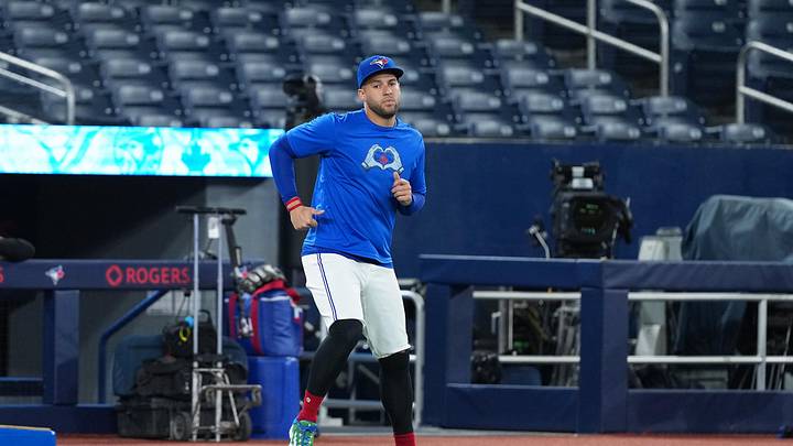 Apr 28, 2026; Toronto, Ontario, CAN; Toronto Blue Jays designated hitter George Springer (4) works out during batting practice before a game against the Boston Red Sox at Rogers Centre. Mandatory Credit: Nick Turchiaro-Imagn Images