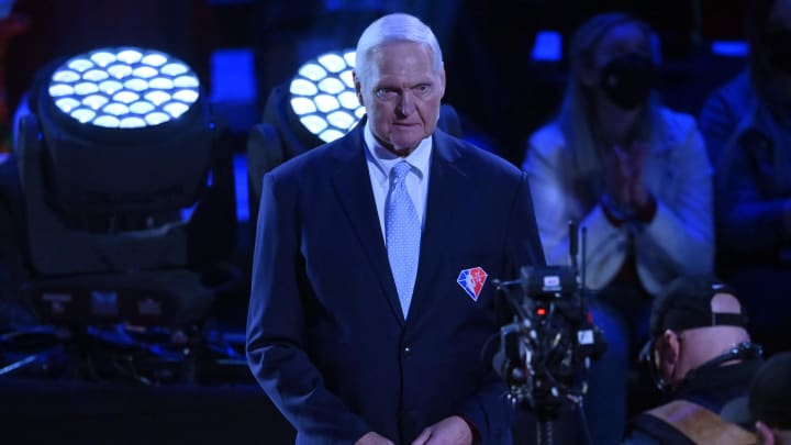 Feb 20, 2022; Cleveland, Ohio, USA; Jerry West is honored in halftime during the 2022 NBA All-Star Game at Rocket Mortgage FieldHouse. Mandatory Credit: David Richard-USA TODAY Sports Feb 20, 2022; Cleveland, Ohio, USA; Jerry West is honored in halftime during the 2022 NBA All-Star Game at Rocket Mortgage FieldHouse. Mandatory Credit: David Richard-USA TODAY Sports
