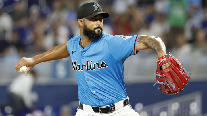 Jun 22, 2025; Miami, Florida, USA;  Miami Marlins starting pitcher Sandy Alcantara (22) pitches against the Atlanta Braves during the first inning at loanDepot Park. Mandatory Credit: Rhona Wise-Imagn Images