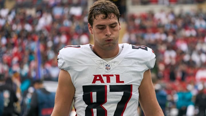 Oct 1, 2023; London, United Kingdom;  Atlanta Falcons tight end John FitzPatrick (87) reacts during the first half of an NFL International Series game at Wembley Stadium. Mandatory Credit: Peter van den Berg-Imagn Images