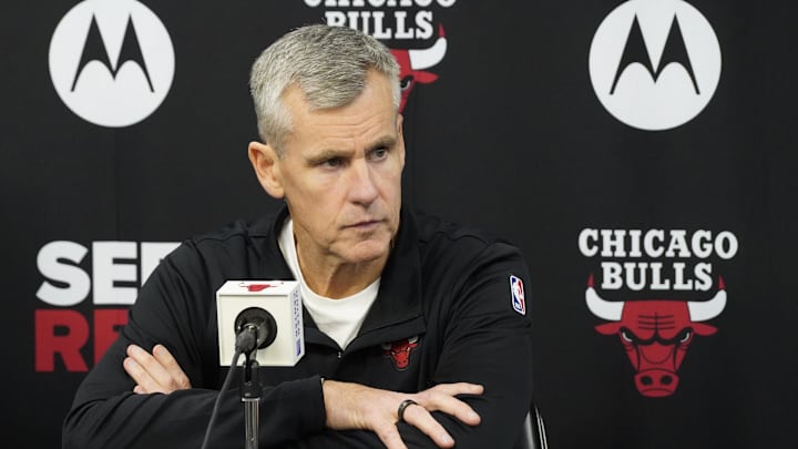 Sep 29, 2025; Chicago, IL, USA; Chicago Bulls head coach Billy Donovan talks to the press on Media Day. Mandatory Credit: David Banks-Imagn Images