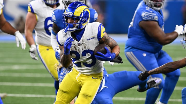 Jan 14, 2024; Detroit, Michigan, USA; Los Angeles Rams running back Kyren Williams (23) runs during the second half of a 2024 NFC wild card game against the Detroit Lions at Ford Field. Jan 14, 2024; Detroit, Michigan, USA; Los Angeles Rams running back Kyren Williams (23) runs during the second half of a 2024 NFC wild card game against the Detroit Lions at Ford Field.