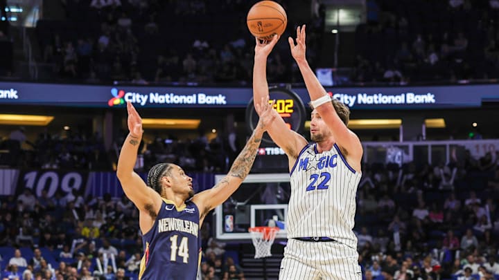 Oct 16, 2025; Orlando, Florida, USA; Orlando Magic forward Franz Wagner (22) shoots against New Orleans Pelicans guard/forward Micah Peavy (14) during the second quarter at Kia Center. Mandatory Credit: Mike Watters-Imagn Images Oct 16, 2025; Orlando, Florida, USA; Orlando Magic forward Franz Wagner (22) shoots against New Orleans Pelicans guard/forward Micah Peavy (14) during the second quarter at Kia Center. Mandatory Credit: Mike Watters-Imagn Images