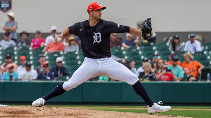 Feb 27, 2025; Lakeland, Florida, USA; Detroit Tigers pitcher Jack Flaherty (9) pitches during the first inning against the Boston Red Sox at Publix Field at Joker Marchant Stadium. 