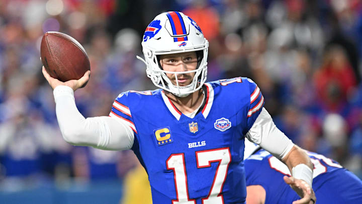 Buffalo Bills quarterback Josh Allen (17) looks to pass during the fourth quarter against the Baltimore Ravens at Highmark Stadium. 