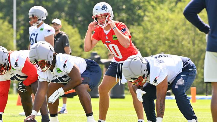 Jul 25, 2026; Foxborough, MA, USA; New England Patriots quarterback Drake Maye (10) reacts at training camp at Gillette Stadium. Mandatory Credit: Eric Canha-Imagn Images Jul 25, 2026; Foxborough, MA, USA; New England Patriots quarterback Drake Maye (10) reacts at training camp at Gillette Stadium. Mandatory Credit: Eric Canha-Imagn Images