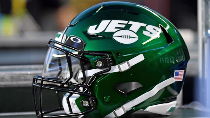 Aug 12, 2022; Philadelphia, Pennsylvania, USA; New York Jets helmet on the sidelines against the Philadelphia Eagles at Lincoln Financial Field. Mandatory Credit: Eric Hartline-Imagn Images