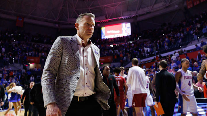 Feb 1, 2026; Gainesville, Florida, USA; Alabama Crimson Tide head coach Nate Oats walks to the locker room after a game against the Florida Gators at Exactech Arena at the Stephen C. O'Connell Center. Mandatory Credit: Matt Pendleton-Imagn Images