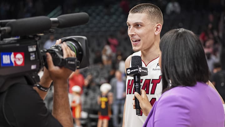 Apr 18, 2025; Atlanta, Georgia, USA; Miami Heat guard Tyler Herro (14) is interviewed after the Heat defeated the Atlanta Hawks in overtime at State Farm Arena. Mandatory Credit: Dale Zanine-Imagn Images Apr 18, 2025; Atlanta, Georgia, USA; Miami Heat guard Tyler Herro (14) is interviewed after the Heat defeated the Atlanta Hawks in overtime at State Farm Arena. Mandatory Credit: Dale Zanine-Imagn Images