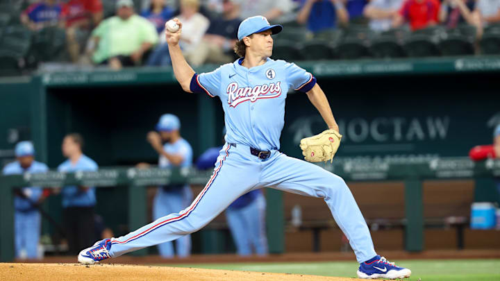 Jun 1, 2025; Arlington, Texas, USA; Texas Rangers starting pitcher Jacob deGrom (48) throws during the first inning against the St. Louis Cardinals at Globe Life Field. Jun 1, 2025; Arlington, Texas, USA; Texas Rangers starting pitcher Jacob deGrom (48) throws during the first inning against the St. Louis Cardinals at Globe Life Field.