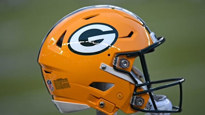 Jan 12, 2025; Philadelphia, Pennsylvania, USA; Green Bay Packers helmet on the sidelines against the Philadelphia Eagles in an NFC wild card game at Lincoln Financial Field. Mandatory Credit: Eric Hartline-Imagn Images