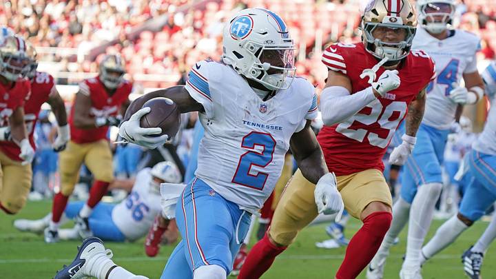 Aug 13, 2026; Santa Clara, California, USA; Tennessee Titans running back Tyjae Spears (2) rushes the ball while pursued by San Francisco 49ers safety Ashtyn Davis (29) in the first quarter at Levi's Stadium. Mandatory Credit: David Gonzales-Imagn Images Aug 13, 2026; Santa Clara, California, USA; Tennessee Titans running back Tyjae Spears (2) rushes the ball while pursued by San Francisco 49ers safety Ashtyn Davis (29) in the first quarter at Levi's Stadium. Mandatory Credit: David Gonzales-Imagn Images