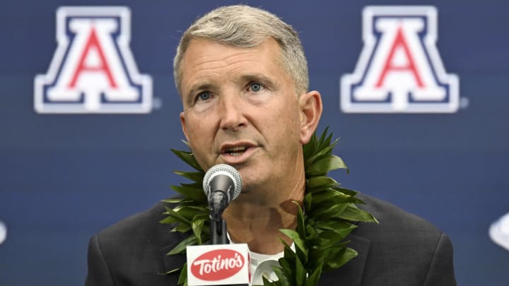 Jul 10, 2024; Las Vegas, NV, USA; Arizona Wildcats head coach Brent Brennan speaks to the media during the Big 12 Media Days at Allegiant Stadium Jul 10, 2024; Las Vegas, NV, USA; Arizona Wildcats head coach Brent Brennan speaks to the media during the Big 12 Media Days at Allegiant Stadium
