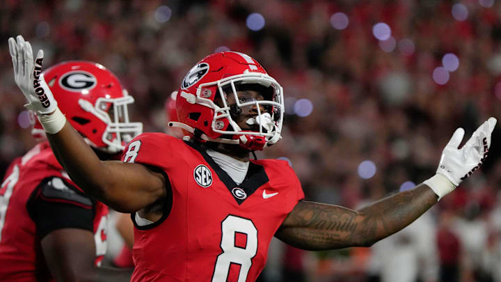 Georgia Bulldogs wide receiver Colbie Young (8) celebrates after scoring a touchdown during the first half of a NCAA college football game against Alabama in Athens, Ga., on Saturday, September 27, 2025.