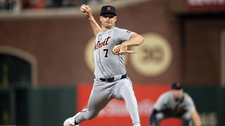 Aug 9, 2024; San Francisco, California, USA; Detroit Tigers pitcher Shelby Miller (7) delivers a pitch against the San Francisco Giants during the ninth inning at Oracle Park.