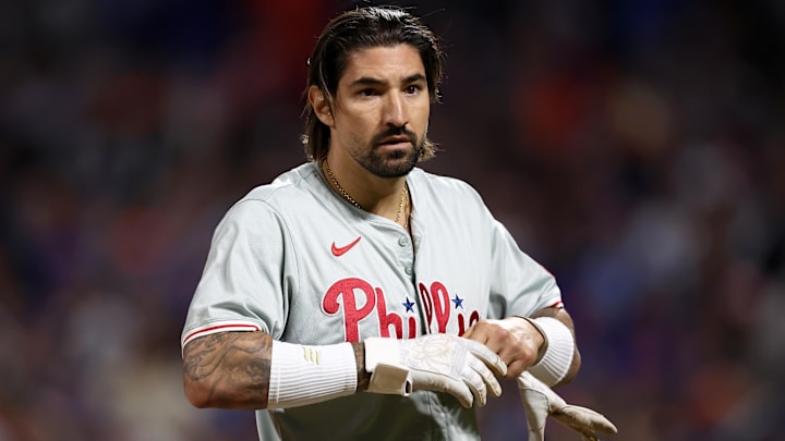 Oct 8, 2024; New York City, New York, USA; Philadelphia Phillies outfielder Nick Castellanos (8) reacts in the eighth inning against the New York Mets during game three of the NLDS for the 2024 MLB Playoffs at Citi Field