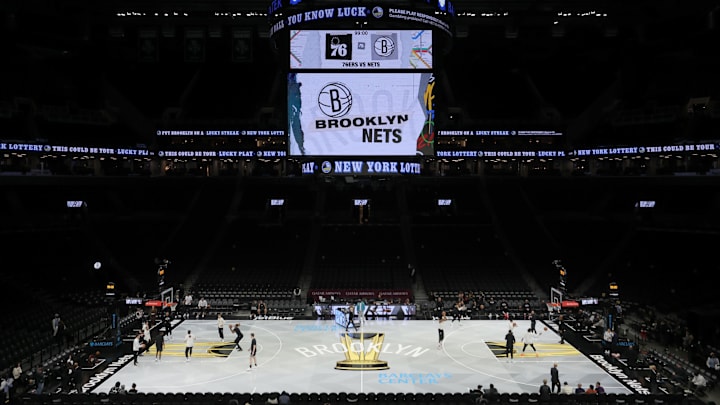 Nov 28, 2025; Brooklyn, New York, USA; General view of Barclays Center as players warm up before an NBA Cup game between the Brooklyn Nets and Philadelphia 76ers. Mandatory Credit: Brad Penner-Imagn Images