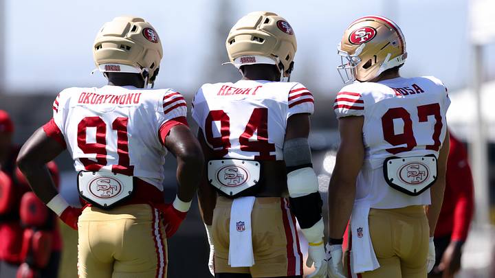Aug 3, 2026; San Francisco, CA, USA; San Francisco 49ers defensive tackle Sam Okuayinonu (91) and defensive end Romello Height (94) and defensive end Nick Bosa (97) during training camp at Levi's Stadium. Mandatory Credit: Sergio Estrada-Imagn Images Aug 3, 2026; San Francisco, CA, USA; San Francisco 49ers defensive tackle Sam Okuayinonu (91) and defensive end Romello Height (94) and defensive end Nick Bosa (97) during training camp at Levi's Stadium. Mandatory Credit: Sergio Estrada-Imagn Images