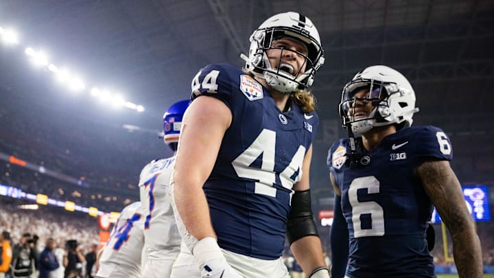Dec 31, 2024; Glendale, AZ, USA; Penn State Nittany Lions tight end Tyler Warren (44) celebrates with wide receiver Harrison Wallace III (6) after scoring a touchdown against the Boise State Broncos in the Fiesta Bowl at State Farm Stadium. Mandatory Credit: Mark J. Rebilas-Imagn Images Dec 31, 2024; Glendale, AZ, USA; Penn State Nittany Lions tight end Tyler Warren (44) celebrates with wide receiver Harrison Wallace III (6) after scoring a touchdown against the Boise State Broncos in the Fiesta Bowl at State Farm Stadium. Mandatory Credit: Mark J. Rebilas-Imagn Images