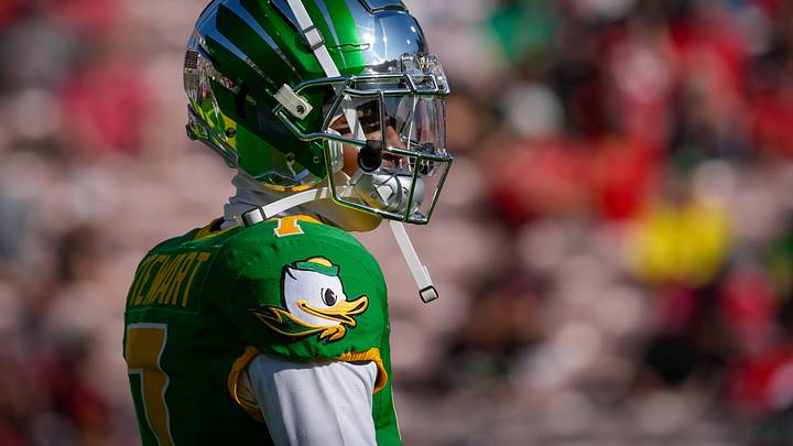 Oregon wide receiver Evan Stewart walks the field during warmups as the Oregon Ducks face the Ohio State Buckeyes Wednesday, Jan. 1, 2025, in the quarterfinal of the College Football Playoff at the Rose Bowl in Pasadena, Calif.