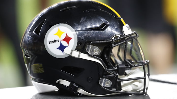 Aug 9, 2024; Pittsburgh, Pennsylvania, USA;  A Pittsburgh Steelers helmet sits on an equipment trunk during the game against the Houston Texans during the fourth quarter at Acrisure Stadium. Mandatory Credit: Charles LeClaire-Imagn Images