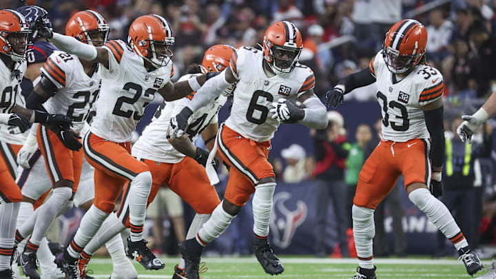 Dec 24, 2023; Houston, Texas, USA; Cleveland Browns linebacker Jeremiah Owusu-Koramoah (6) celebrates after a play during the game against the Houston Texans at NRG Stadium.