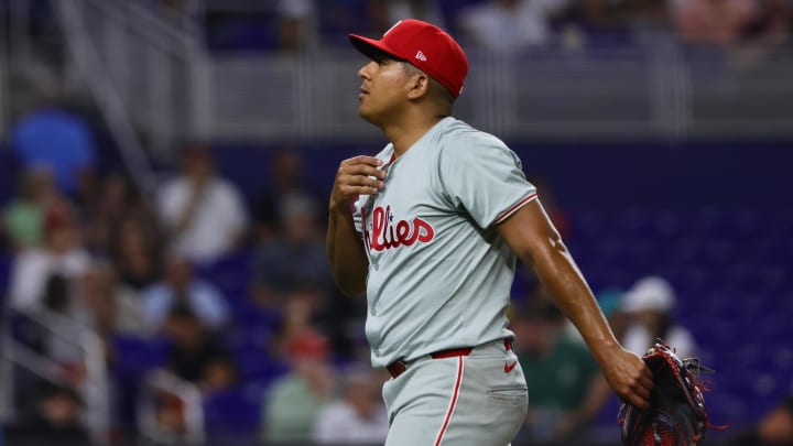 May 10, 2024; Miami, Florida, USA; Philadelphia Phillies starting pitcher Ranger Suarez (55) looks on against the Miami Marlins during the third inning at loanDepot Park. Mandatory Credit: Sam Navarro-USA TODAY Sports