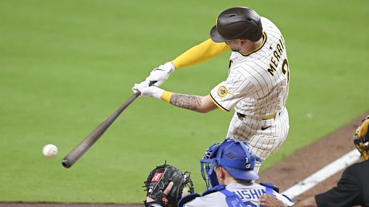 Jun 10, 2025; San Diego, California, USA; San Diego Padres center fielder Jackson Merrill (3) hits a single during the sixth inning against the against the Los Angeles Dodgers at Petco Park. Mandatory Credit: Denis Poroy-Imagn Images Jun 10, 2025; San Diego, California, USA; San Diego Padres center fielder Jackson Merrill (3) hits a single during the sixth inning against the against the Los Angeles Dodgers at Petco Park. Mandatory Credit: Denis Poroy-Imagn Images