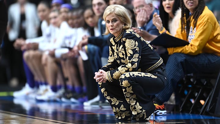 Mar 28, 2025; Spokane, WA, USA; LSU Lady Tigers head coach Kim Mulkey looks on against the NC State Wolfpack during the first half of a Sweet 16 NCAA Tournament basketball game at Spokane Arena. Mandatory Credit: James Snook-Imagn Images Mar 28, 2025; Spokane, WA, USA; LSU Lady Tigers head coach Kim Mulkey looks on against the NC State Wolfpack during the first half of a Sweet 16 NCAA Tournament basketball game at Spokane Arena. Mandatory Credit: James Snook-Imagn Images