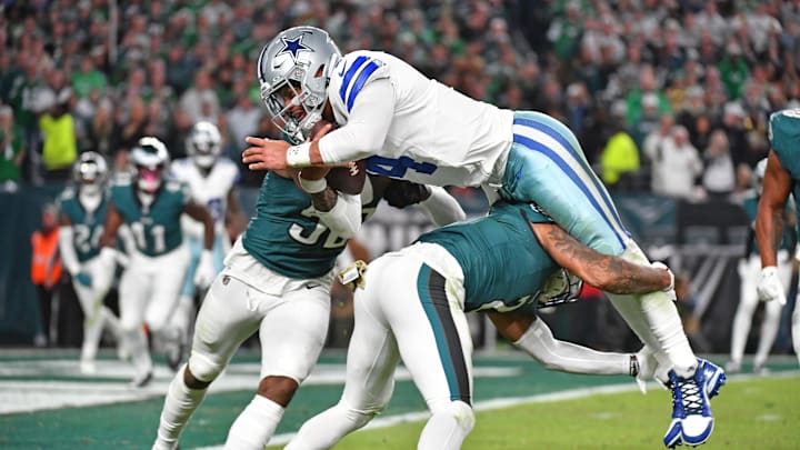 Nov 5, 2023; Philadelphia, Pennsylvania, USA;  Dallas Cowboys quarterback Dak Prescott (4) is