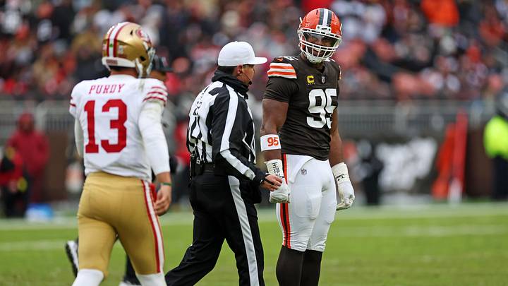 Nov 30, 2025; Cleveland, Ohio, USA; Cleveland Browns defensive end Myles Garrett (95) reacts after a play against San Francisco 49ers quarterback Brock Purdy (13) during the second half at Huntington Bank Field. Mandatory Credit: Scott Galvin-Imagn Images Nov 30, 2025; Cleveland, Ohio, USA; Cleveland Browns defensive end Myles Garrett (95) reacts after a play against San Francisco 49ers quarterback Brock Purdy (13) during the second half at Huntington Bank Field. Mandatory Credit: Scott Galvin-Imagn Images