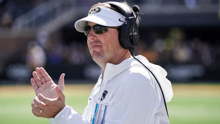 Oct 7, 2023; Columbia, Missouri, USA; Missouri Tigers head coach Eli Drinkwitz gestures against the LSU Tigers during the second half at Faurot Field at Memorial Stadium. Mandatory Credit: Denny Medley-Imagn Images