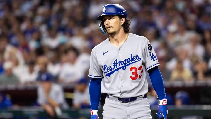 May 9, 2025; Phoenix, Arizona, USA; Los Angeles Dodgers outfielder James Outman against the Arizona Diamondbacks at Chase Field. Mandatory Credit: Mark J. Rebilas-Imagn Images