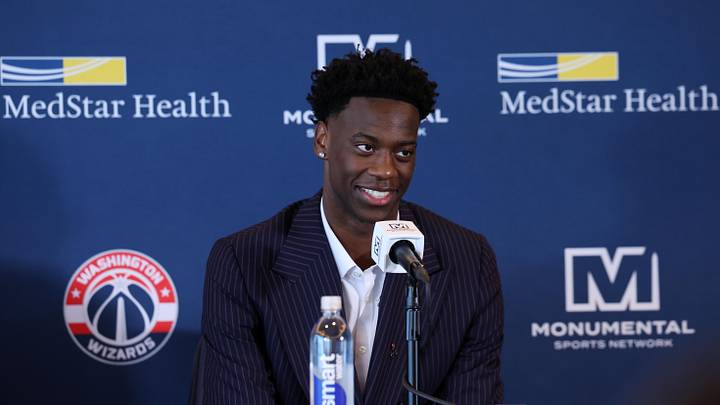 Jun 25, 2026; Washington, DC, USA; Washington Wizards first round draft pick and number one overall pick AJ Dybantsa speaks to the media during a press conference at InterContinental Hotel. Mandatory Credit: Amber Searls-Imagn Images