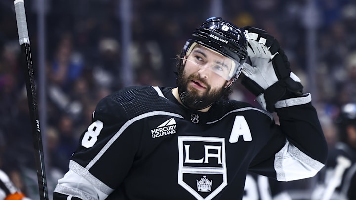 Apr 6, 2024; Los Angeles, California, USA; Los Angeles Kings defenseman Drew Doughty (8) looks on during the third period of a game against the Vancouver Canucks at Crypto.com Arena. Mandatory Credit: Jessica Alcheh-Imagn Images