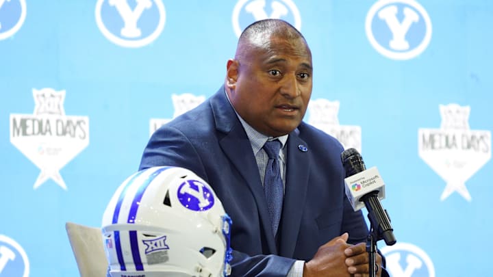 Jul 8, 2025; Frisco, TX, USA; BYU head coach Kalani Sitake addresses the media during 2025 Big 12 Football Media Days at The Star. Mandatory Credit: Raymond Carlin III-Imagn Images