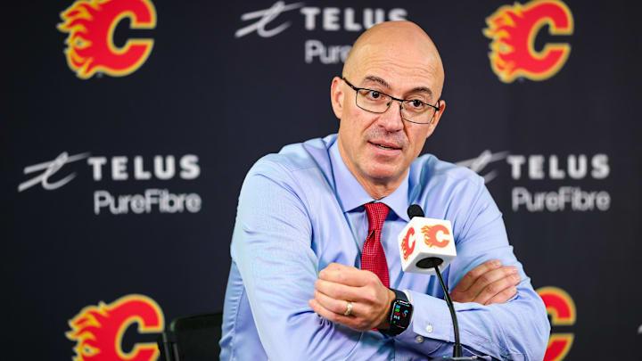 Oct 11, 2025; Calgary, Alberta, CAN; Calgary Flames head coach Ryan Huska during interview after the game against the St. Louis Blues at Scotiabank Saddledome. Mandatory Credit: Sergei Belski-Imagn Images Oct 11, 2025; Calgary, Alberta, CAN; Calgary Flames head coach Ryan Huska during interview after the game against the St. Louis Blues at Scotiabank Saddledome. Mandatory Credit: Sergei Belski-Imagn Images
