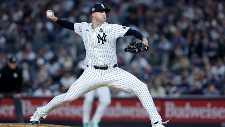 Oct 29, 2024; New York, New York, USA; New York Yankees pitcher Clay Holmes (35) throws during the fifth inning against the Los Angeles Dodgers in game four of the 2024 MLB World Series at Yankee Stadium. Mandatory Credit: Brad Penner-Imagn Images