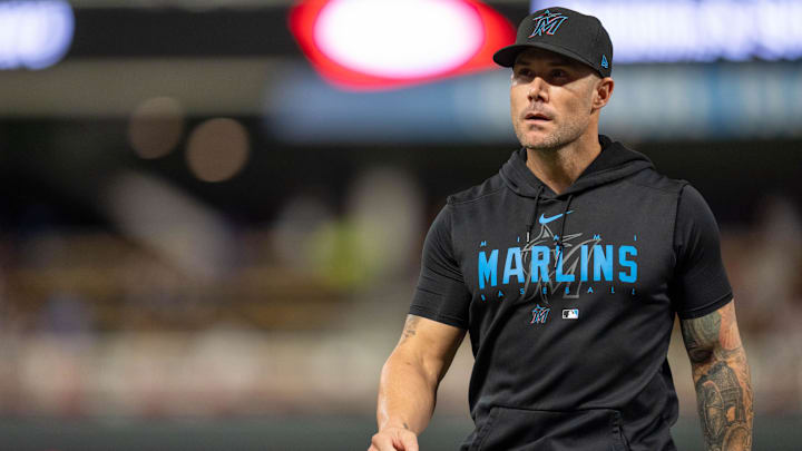 Sep 26, 2024; Minneapolis, Minnesota, USA; Miami Marlins manager Skip Schumaker (45) walks back to the dugout in the seventh inning at Target Field.