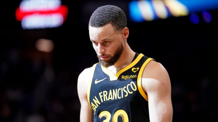 Mar 6, 2024; San Francisco, California, USA; Golden State Warriors guard Stephen Curry (30) stands on the court after a timeout against the Milwaukee Bucks in the fourth quarter at the Chase Center. Mandatory Credit: Cary Edmondson-USA TODAY Sports