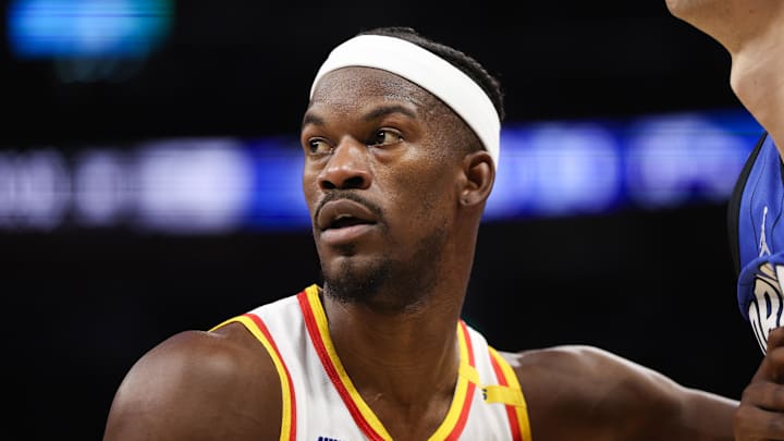 Feb 27, 2025; Orlando, Florida, USA; Golden State Warriors forward Jimmy Butler III (10) looks on against the Orlando Magic in the second quarter at Kia Center. Mandatory Credit: Nathan Ray Seebeck-Imagn Images