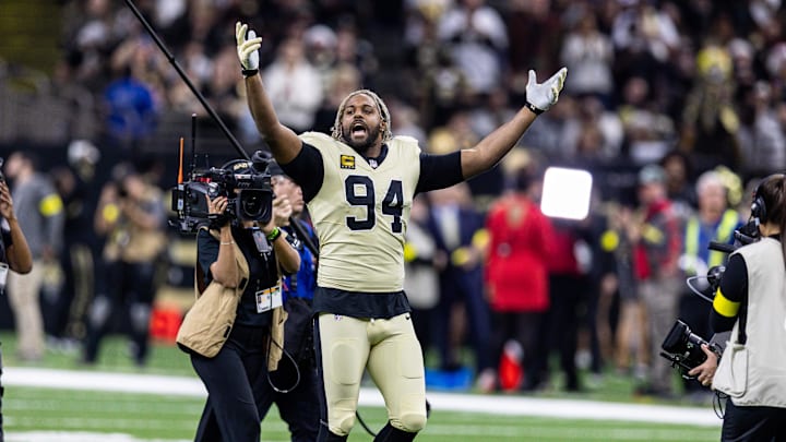 Dec 21, 2025; New Orleans, Louisiana, USA;  New Orleans Saints defensive end Cameron Jordan (94) during the run outs before the game against the New York Jets at Caesars Superdome. Mandatory Credit: Stephen Lew-Imagn Images