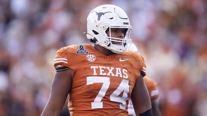 Dec 21, 2024; Austin, Texas, USA; Texas Longhorns offensive lineman Trevor Goosby (74) against the Clemson Tigers during the CFP National playoff first round at Darrell K Royal-Texas Memorial Stadium. Mandatory Credit: Mark J. Rebilas-Imagn Images